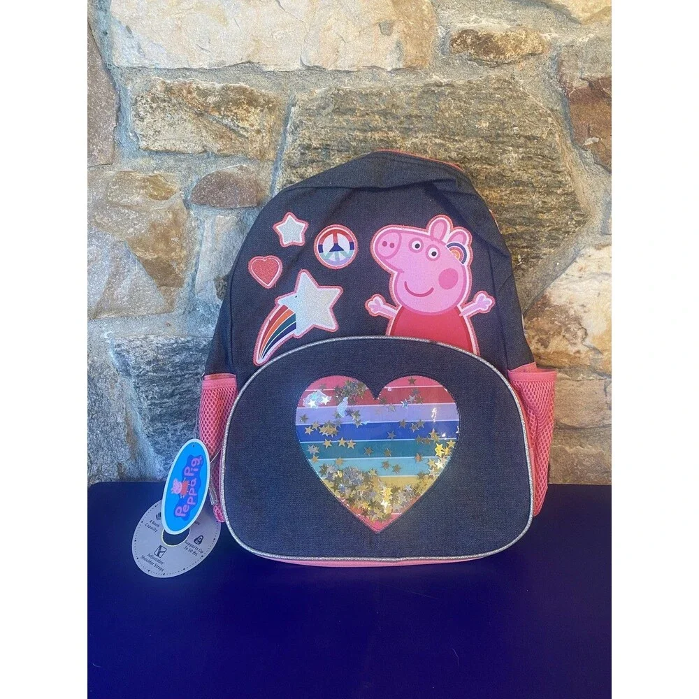 Peppa Pig Kids Backpack Girls School Bag Glitter Heart Rainbow Straps New
